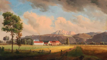 Ebenthal près de Klagenfurt vers le sud, au premier plan le domaine de Großnighof avec la maison de maître et le site industriel de la famille Puntschart, en arrière-plan le château d